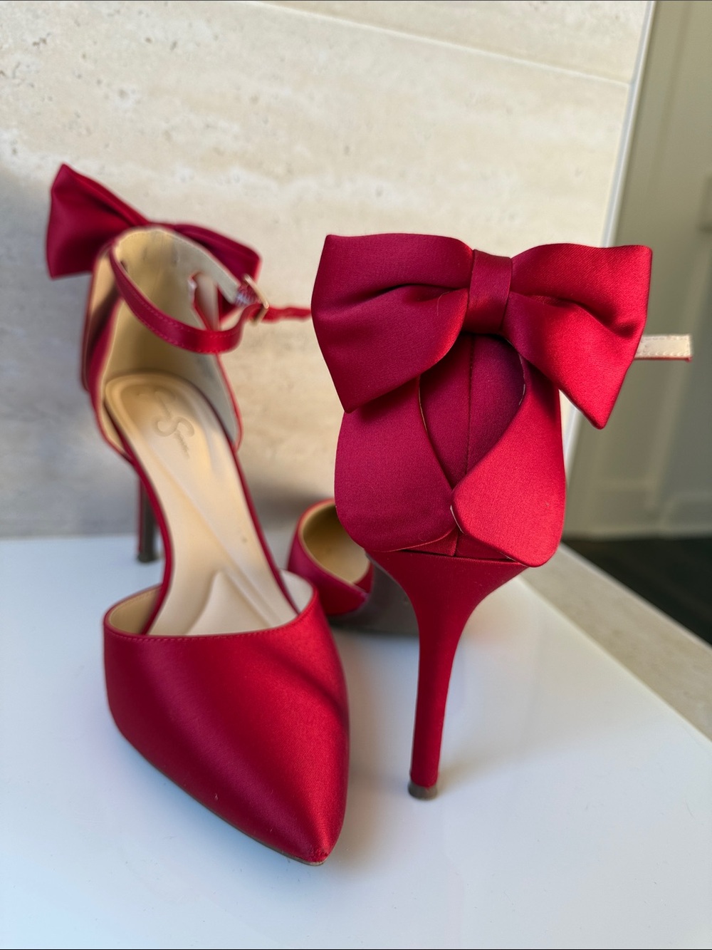Jessica Simpson Red Satin Pointed-Toe Bow Ankle-Strap Heels